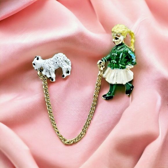 Double Brooch Vintage Blonde Girl Walking Lamb Pet Enamel Gold Tone Jewelry Pin - Picture 1 of 8